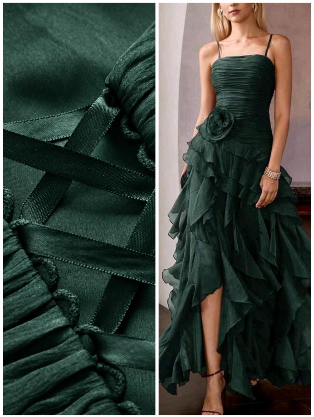 New Luxe Ruched Petal Skirt Lace Up Maxi Dress Dark Green